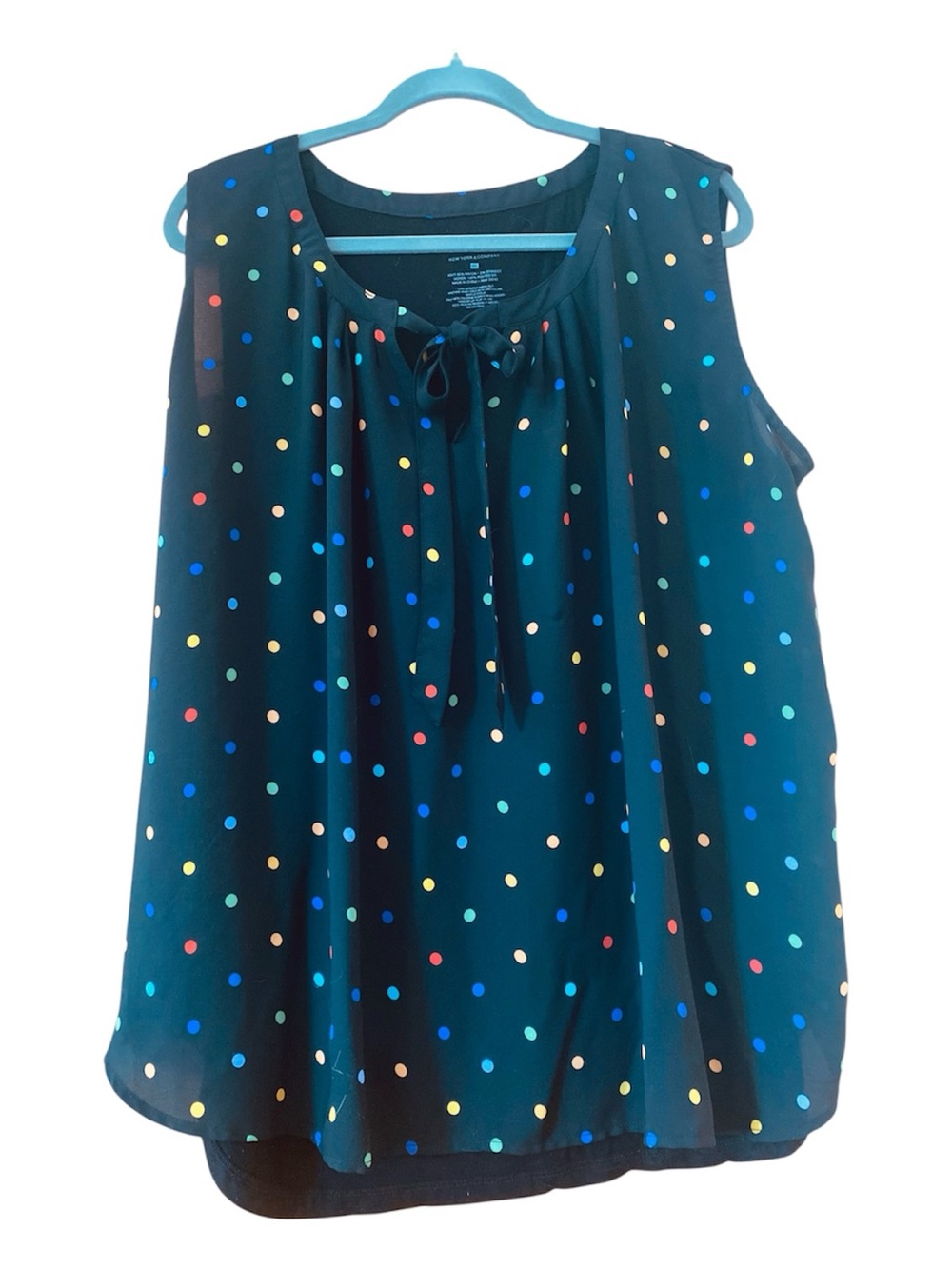New York & Company XXL Black Multicolor Polka Dot Sleeveless Tie Neck Blouse